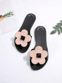 3D Flower Decor Single Strap Slide Sandals, Women Open Toe Flat Slip On Summer Casual Slippers - Black - View 6