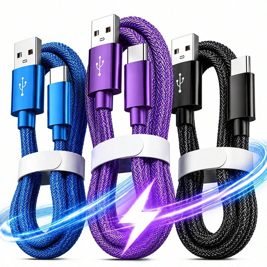 3 قطع كابل شحن سريع USB Type C، 3.3 قدم/6.6 قدم/9.9 قدم، كابل بيانات شحن سريع من USB-A إلى USB-C، متوافق مع هواتف أندرويد، وهواتف أندرويد أخرى وأجهزة Type-C، مناسب للسفر/إكسسوارات مكتب/إكسسوارات سيارة/رحلة بحرية/داخلي/خارجي، متوافق مع شاحن آيفون، بنفسجي