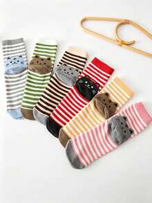 6 Pairs Women's Striped Mid-Calf Socks, Simple Cute Cartoon Cat Print On Heel, Versatile Daily Street Casual Mid-Calf Socks, Multi-Color Assortment - Multicolor - View 4