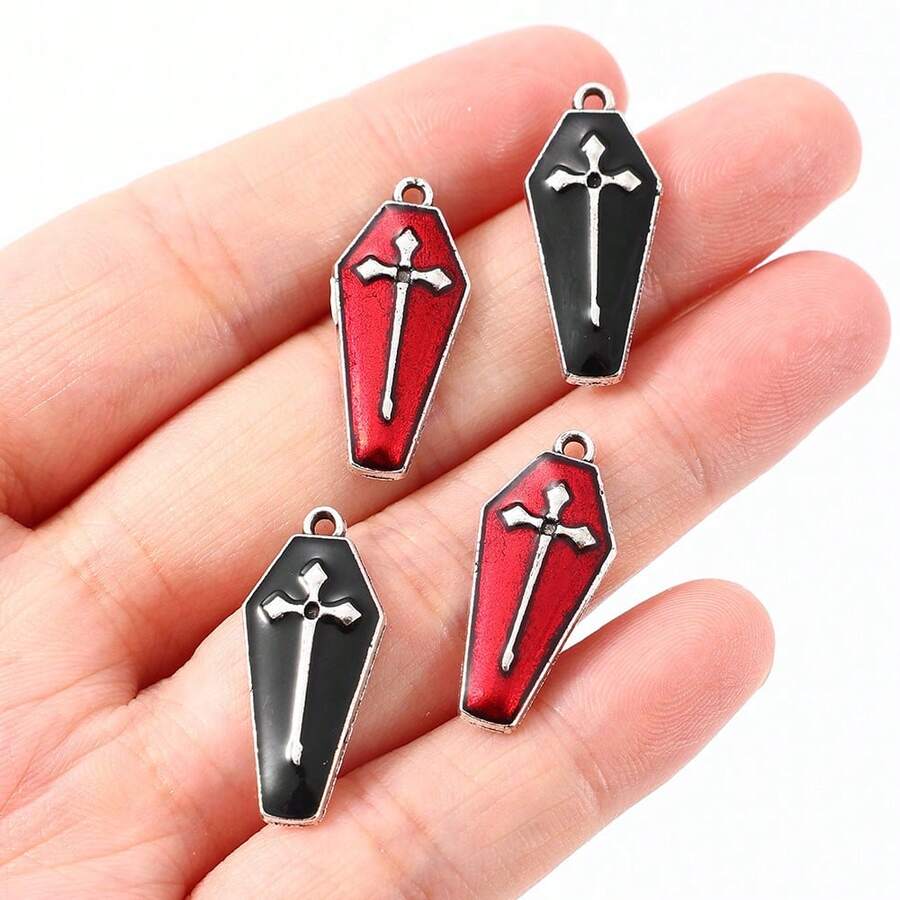 10pcs Enamel Halloween Pendants 25*11mm Cute Vampire Cross Coffin Charms, For Jewelry Making, Women's Earrings Necklace Keychain Gothic Style Accessories