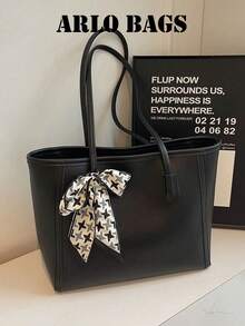 Tas Tote Besar Klasik Elegan dengan Aksesori Syal Bermotif Kotak-kotak yang Dapat Dilepas, Tas Bahu Serbaguna untuk Acara Bisnis, Kasual, dan Sehari-hari - Hitam - View 1