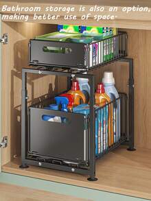 Under Sink Organizer, Pull Out Cabinet Storage Rack,Adjustable Under Sink Rack,Sliding Drawer Caddy,Kitchen Bathroom Storage Basket, Under Cabinet Organizer,Cleaning Supplies Storage Rack,Two Tier Under Sink Storage - Multicolor - View 2