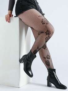 1pair Plus Size Jacquard Fishnet Stockings, Rose Hollow-Out Leggings, Sexy & Fashionable, Suitable For Party, Home, Office, Black - Multicolor - View 3