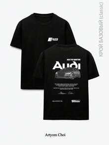 Vintage Audi RS6 Avant JDM Euro Car Graphic T-Shirt Unisex Men Women Minimal RS Logo Chest Print Back BW Audi RS6 Car Model Spec Text Print Oversized - Black - View 1