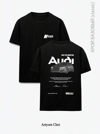 Vintage Audi RS6 Avant JDM Euro Car Graphic T-Shirt Unisex Men Women Minimal RS Logo Chest Print Back BW Audi RS6 Car Model Spec Text Print Oversized