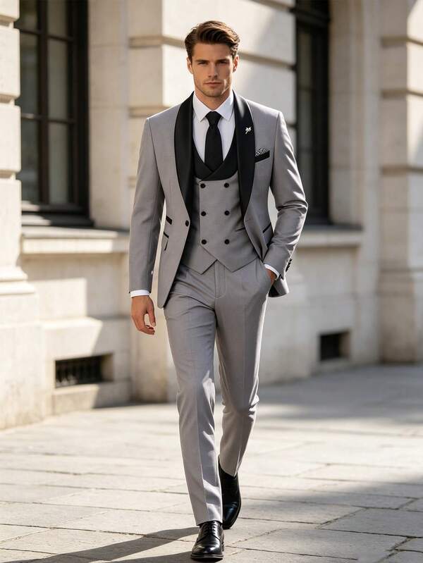 WindsorQuad Men's Slim Fit 3-Piece Suit Set, Elegant Solid Color Party Blazer, Double-Breasted Vest, Dress Pants, Business Wedding Formal Wear, Old Money Style