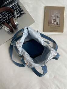 Vintage Colorblock Washed Canvas Tote Bag, Handheld & Crossbody, Cargo Style Style, Large Capacity Student Commuter Bag - Blue - View 10