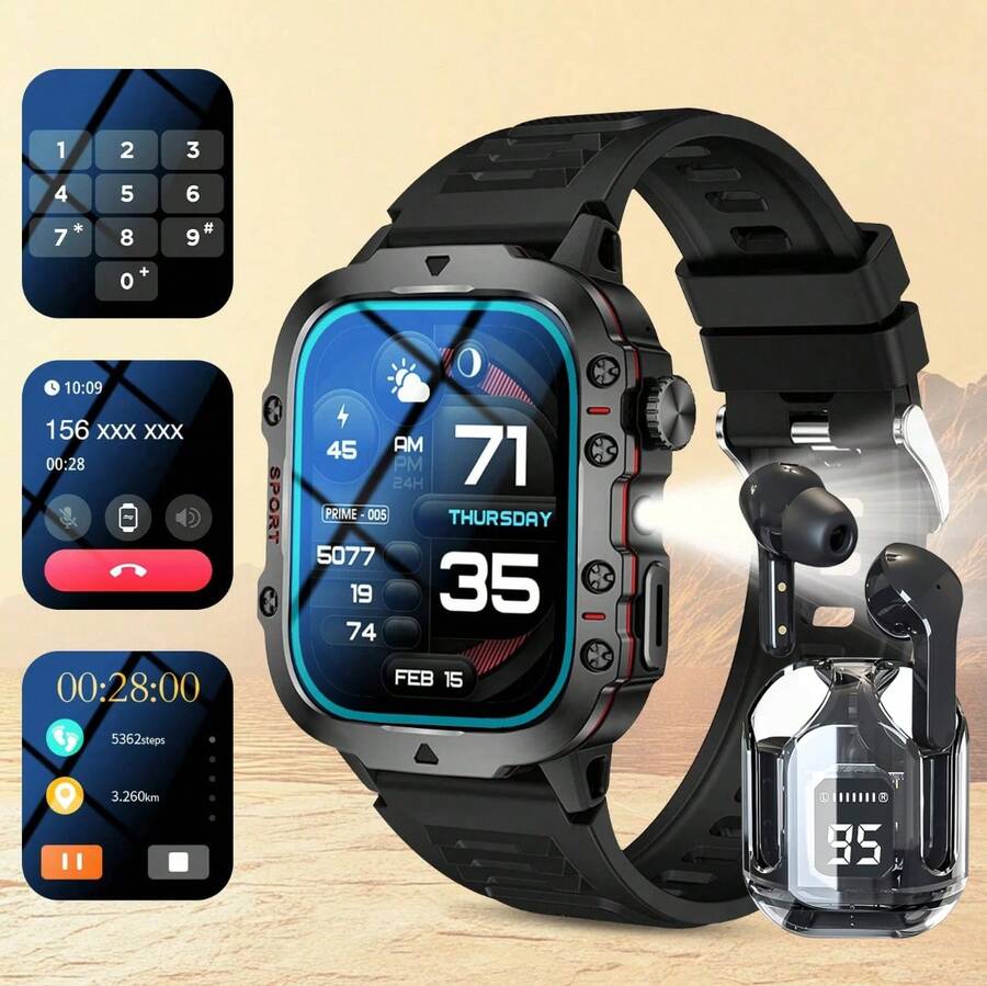 Smart Watch + Earphone Set For Men Outdoor Sports 1.83-Inch HD Display Screen, Flashlight, Bluetooth Call Sports Band, Compatible With Android And IOS - View 1