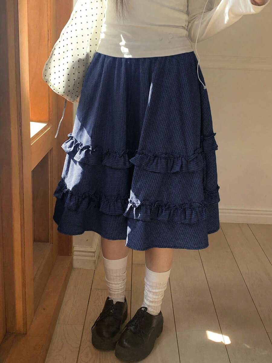 女款夏季蛋糕裙 日系校園風小黑裙 荷葉邊飾 腰部綁帶彈性腰裙 - 藏蓝色 - 查看 1