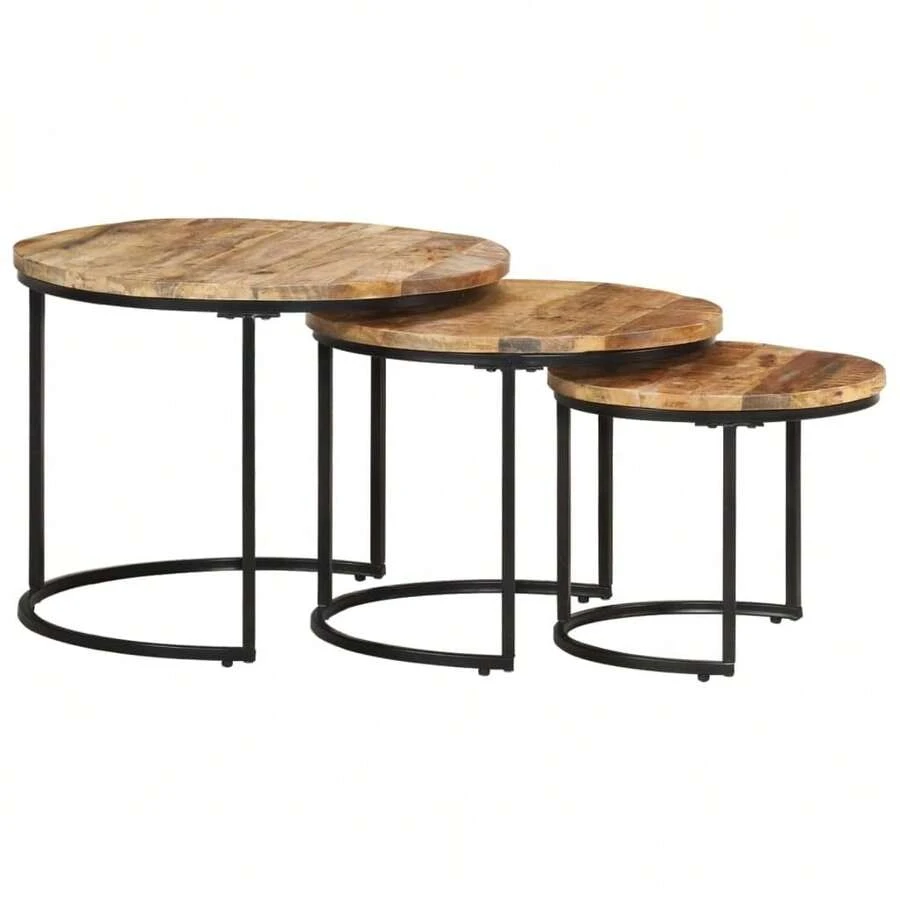 vidaXL Rough Mango Wood Nesting Tables, 3-Piece Set. Coffee Table, Side Table, Living Room Table, Sofa Table, Wooden Table, Tea Table, Living Room Table. - Massives Mangoholz - View 1