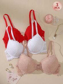 3pcs Lace Women's Lingerie Front Closure Push-Up Summer Cool Sexy Lace Bra - Multicolor - View 4