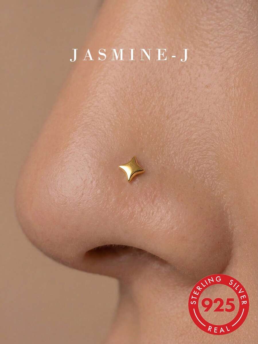 1pc S925 Sterling Silver Mini Polished Four-Pointed Star Nose Stud, Pure Silver 14K Gold Plated, Mini Pearl Nose Stud, Bean Pin Design Easy To Wear, Unisex Nose And Ear Piercing Jewelry, Minimalist Versatile, Suitable For Daily/Party Wear - Multicolor - View 1