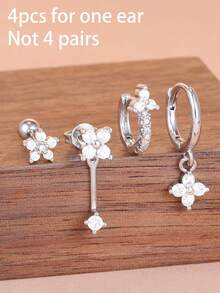 4PCS Exquisite Stainless Steel Zirconia Round Hoop Earring Set For Women Temperament Flower Ear Stud Cartilage Piercing Jewelry - 4PCS - Silver - View 5