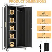 Broom Closet Garage Storage Cabinet With Wheels, 71" Metal Cleaning Cabinets With Hooks And Hanging Rods, Tall Freestanding Lockable Tool Variant 1 - None - View 3