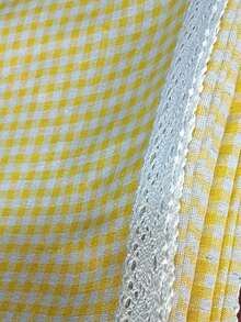 Yellow And White Plaid Picnic Mat With Lace Trim, Outdoor Lawn Camping Portable Waterproof Mat, Home Dining Table Decor Fabric Tablecloth, Multiple Sizes Available - Yellow Checkered - View 9