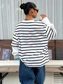 Autumn/Winter New Women's Round Neck Striped Loose Fit 2 In 1 T-Shirt - White - View 4