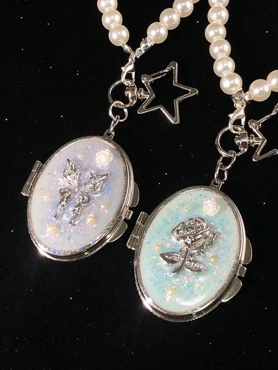 1/2pcs Crystal Butterfly Makeup Mirror, Personalized Sequin Floral Pattern, With Pearl Keychain Double-Sided Folding Mirror Pendant, Birthday Gift For Girls, Mother's Day Gift - Multicolor - View 1