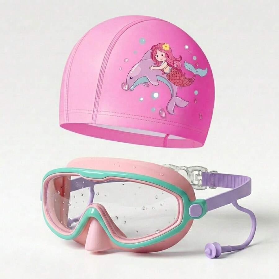 Kids Large Frame Mask-Style Swimming Goggles And Swim Cap Set, Panoramic High-Definition Lens, Waterproof Anti-Fog, Back To School First Day Of School - Multicolor - View 1