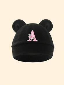 1pc Baby A-Z Letter Newborn Hospital Hat, Cartoon Bear Ear Newborn Hat, Soft Boy & Girl Hat, Solid Color Knitted Hat, Baby Photography Hat, 0-3 Months - Black - View 6