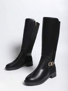 American Vintage Buckle Knee-High Boots For Women With Side Zipper, Chunky Low Heel, Equestrian Style, Versatile For Autumn/Winter Daily Wear - Black - View 5
