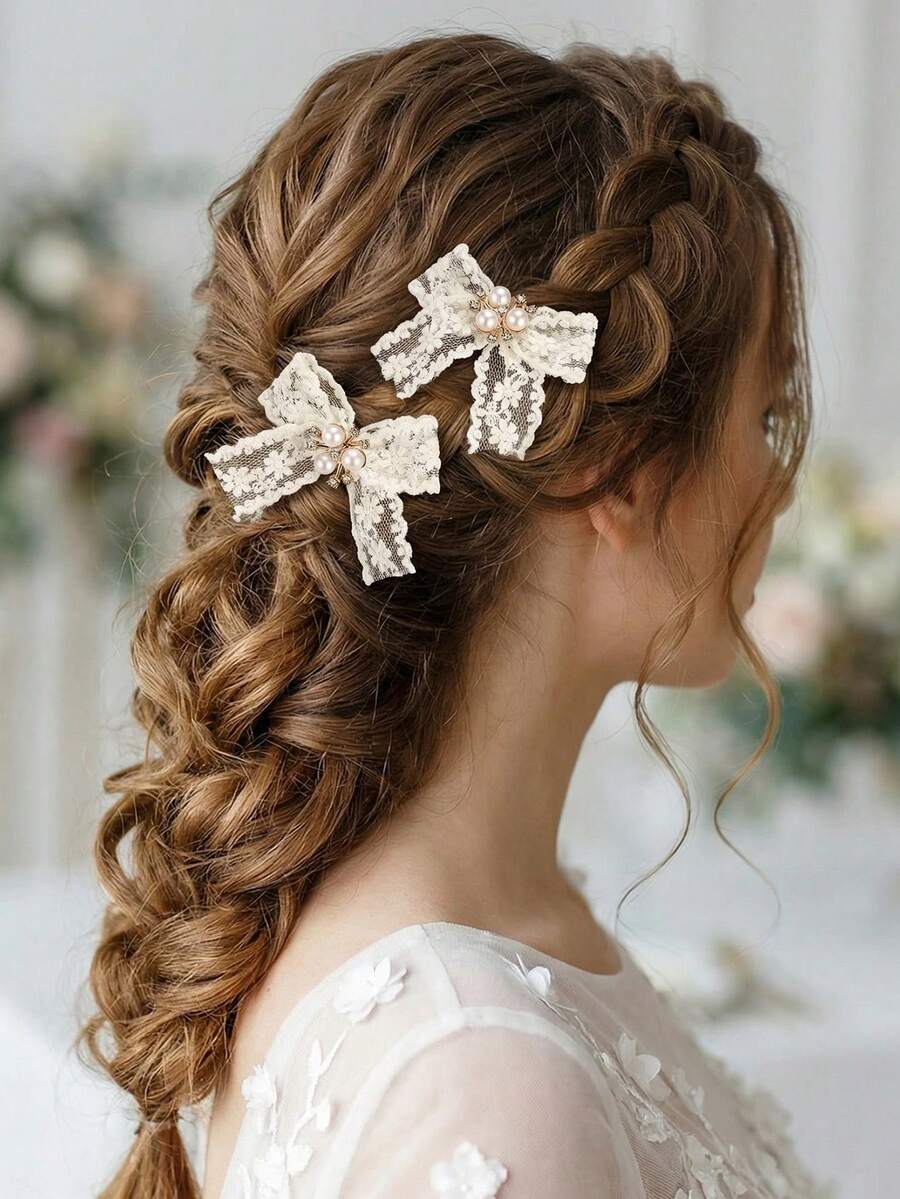 Set 5 buah Jepit Rambut Pita Bunga Jala untuk Anak Perempuan, Cocok untuk Dekorasi Sehari-hari - Putih - View 1