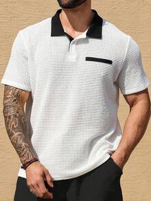 GOLDREDY Men's Fashion Classic Personalized Solid Color Pineapple Grid Patchwork Black Flat Knit Collar Hollow Design Suitable For Daily Casual Fashion Simple Outing Commute Street Summer New Short Sleeve T-Shirt - White - View 4