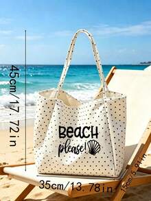 Vintage Polka Dot White Large Capacity Shoulder Bag Set - Black Letter "Beach" Print And Magenta Glitter Letter Style, Shopping And Travel Tote Bag With White Small Bag, Foldable Shoulder Handbag, Commuter Tote Bag, Tablet Bag, Storage Bag, Summer Essential Travel Bag, Suitable For Beach Trips, Pool Days, Shopping And Daily Use. Back To School, Teacher's Day Gift - Multicolor - View 11