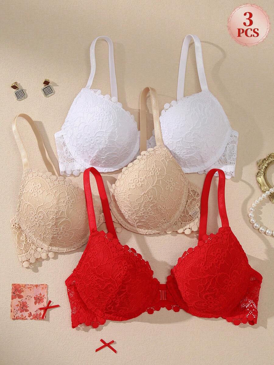 3pcs/Set Lingerie Wanita Renda Penutup Depan Push-Up Bra Renda Seksi Sejuk Musim Panas