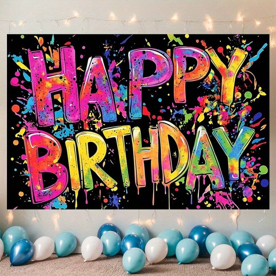 1pc YSW 1pc Vibrant Graffiti Birthday Banner - Graffiti Letters & Background, Polyester Fiber Wall Decor, Suitable For Birthday Party Backdrop, Party Supplies - Multicolor - View 1