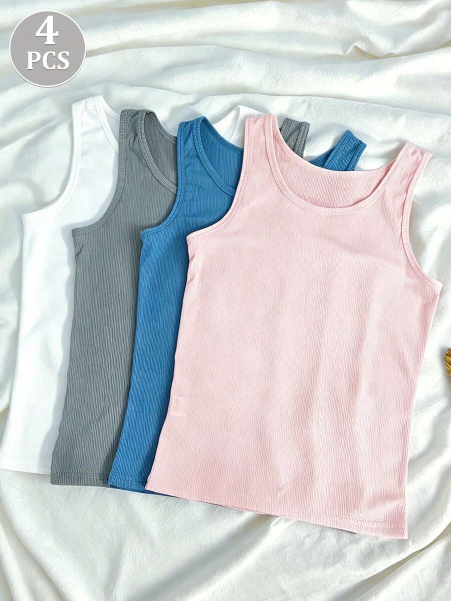 4件組平價夏季女款冰絲細肩帶背心,防走光性感女款內衣羅紋背心,修身外穿內搭無袖上衣 - 彩色 - 查看 1