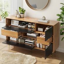 Sideboard With Shelves, Living Room Cabinet, Kitchen Cabinet, Black And Natural Wood Combination - Black and Natural - View 3