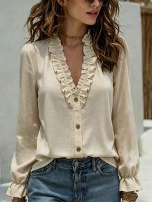 Women's V-Neck Solid Color Ruffle Blouse, French Elegant Long Sleeve Pullover Top, Autumn/Winter Daily Commute Outfit - Apricot - View 4