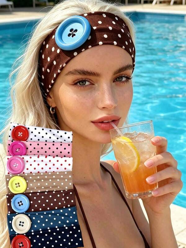 "Dopamine Style" Large Button Headband, Fashion Polka Dot Elastic Hair Accessory, Unique Design Hair Accessory