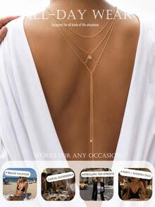 1pc Mesh Y-Shaped Draped Back Chain, Rhinestone Pendant Multi-Strand Minimalist Backless Body Chain, Delicate Layered Backless Evening Dress Accessory For Women, Bride, Beach, Vacation - Rhinestone - View 3