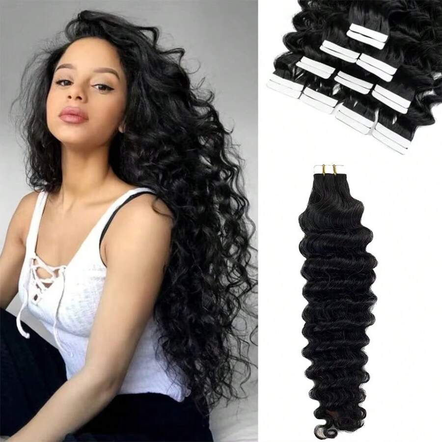 Deep Wave Tape In Extensions Human Hair Deep Curly Tape On Hair Extensions Skin Weft Remy Natural Hair Extensions #1B