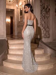 Modphy New Strapless Sleeveless Fitted Backless Heavy Sequin Long Dress (With Belt) Wedding Gown - Silver - View 7