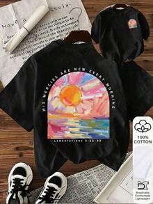 Übergroßes T-Shirt, Sommer-Freizeit-T-Shirt für Damen, Sommer-Slogan, Ölgemälde-Druck, Rundhals, Kurzarm, lässiges T-Shirt, weich, Muttertag, Damen-Fitness-T-Shirts, Damen-Sommer-Oberteile, Party-Oberteile - Schwarz - Übersicht 1