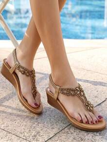 Women's Summer 2026 Crystal Water Drops Evening Slip-On Wedge Heel Round Toe Strappy Sandals - Gold - View 12