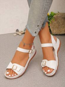 Plus Size 35-45 Women's White Wedge Sandals - White Crocodile Pattern - View 4
