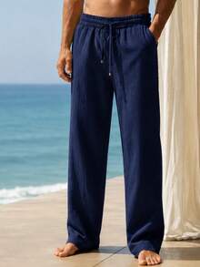 Men’s Navy Linen-Blend Casual Trousers — Lightweight Relaxed-Fit Drawstring Pants for Beachside Comfort, Vacation Style & Summer Lounging - 藏蓝色 - 查看 4