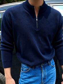 1pc Boys' Casual Half-Zip Sweater, Versatile For Back To School, Autumn/Winter - Navy Blue - View 1