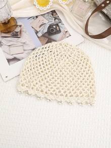 1pc New Bohemian Style Pearl Sequin Crochet Hollow Bead Beanie Hat, High-End Knitted Headwear - Multicolor - View 10