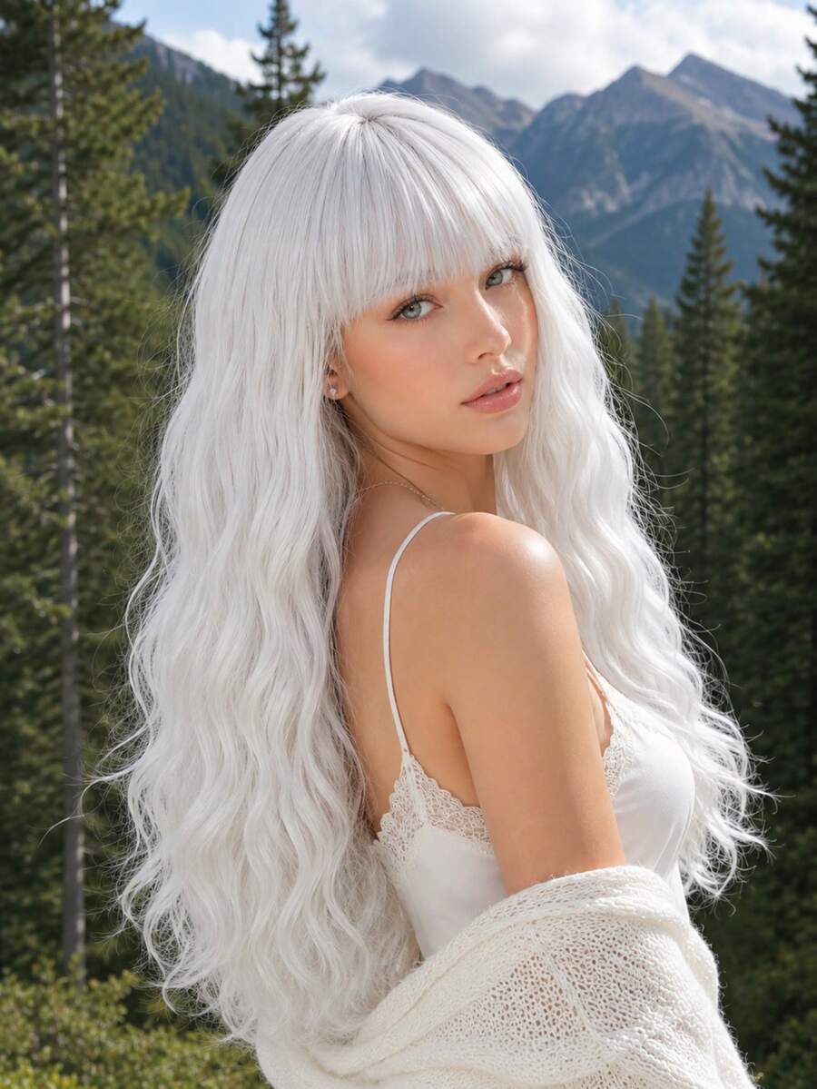 Topshe 女款鉑金白色假髮，超長水波紋合成纖維假髮附瀏海，自然感銀白色捲髮，適合日常穿著、派對、Cosplay、萬聖節與節慶