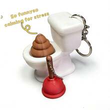 1pc Funny Toilet Poop Button Keychain, Prank Stress Relief Pendant - White - View 9