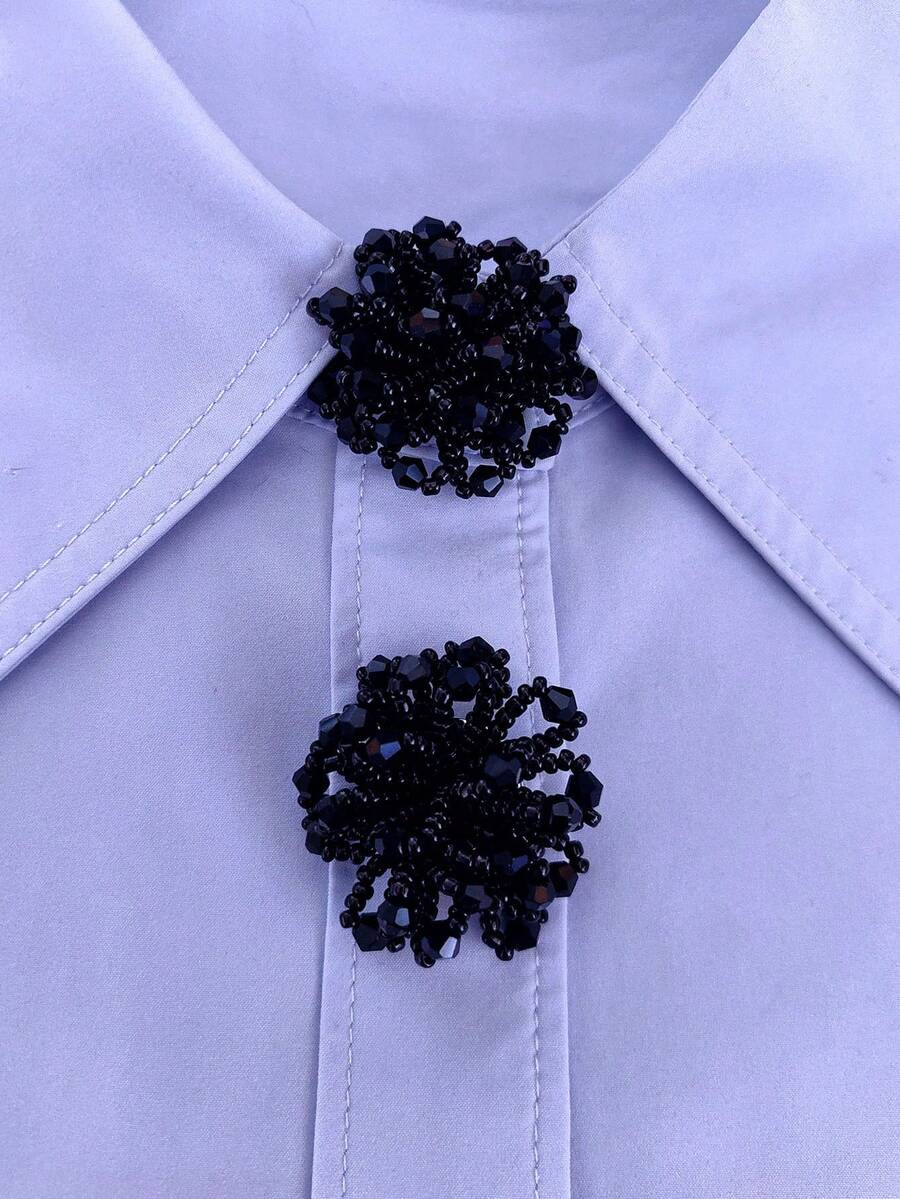 1pc/2pcs Handmade Seed Bead Flower Shirt Button Cover, Clip-On Button Cover, Fashion Crystal Cufflink Cover - Black - View 1