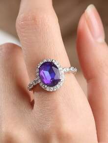 1pc 925 Sterling Silver Purple Cubic Zirconia Women's Ring, Women's Jewelry, Size 6-10, Fashionable & Simple For Daily Wear, Gift With Gift Box - Silver - View 2