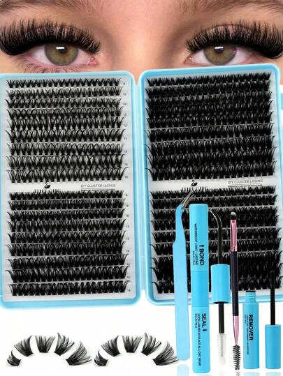 720pcs D Curl Fluffy False Eyelashes Set, Beginner Friendly Eyelash Kit, Thickened DIY Segmented False Eyelashes, Includes Eyelash Glue And Sealing Glue, Tweezers, Brush, Big Eye Effect, Lightweight And Reusable, Large Capacity Single Cluster Eyelashes, DIY Soft And Natural