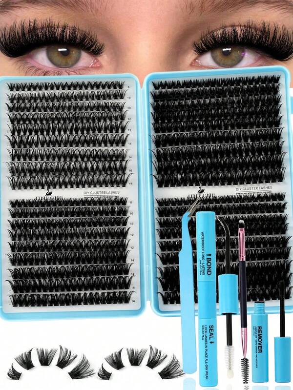 720pcs D Curl Fluffy False Eyelashes Set, Beginner Friendly Eyelash Kit, Thickened DIY Segmented False Eyelashes, Includes Eyelash Glue And Sealing Glue, Tweezers, Brush, Big Eye Effect, Lightweight And Reusable, Large Capacity Single Cluster Eyelashes, DIY Soft And Natural