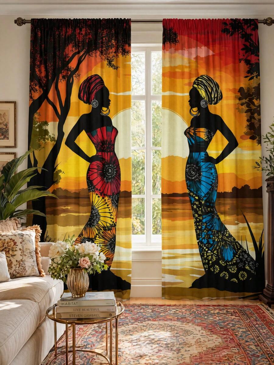 2pcs High-Definition Digital Bohemian African Exotic Print Decorative Curtains, Women Silhouette Totem Pattern Design, Polyester Material, Rod Pocket Design, Easy To Hang, Semi-Transparent Privacy Protection, Machine Washable And Hand Washable, Vintage Bohemian Living Room Bedroom Curtains, Suitable For Bedroom, Living Room, Kitchen, Closet, Study, Home Decor. - Multicolor - View 1