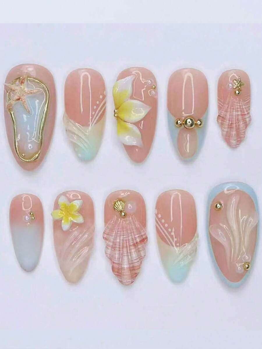 24片長杏仁形3D凝膠美甲貼片,花朵與珍珠裝飾法式美甲貼,含1片雙面膠與1個指甲锉,適合短甲、海洋風、沙灘風、夏季美甲 - 彩色 - 查看 1